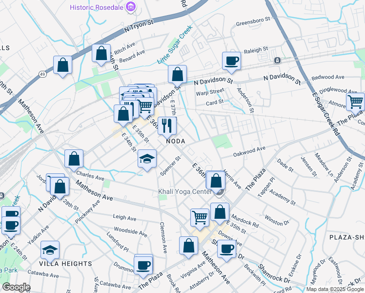 map of restaurants, bars, coffee shops, grocery stores, and more near 832 East 37th Street in Charlotte