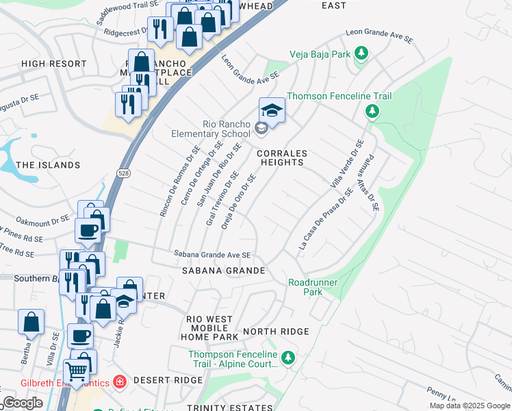 map of restaurants, bars, coffee shops, grocery stores, and more near 704 Las Marias Drive Southeast in Rio Rancho