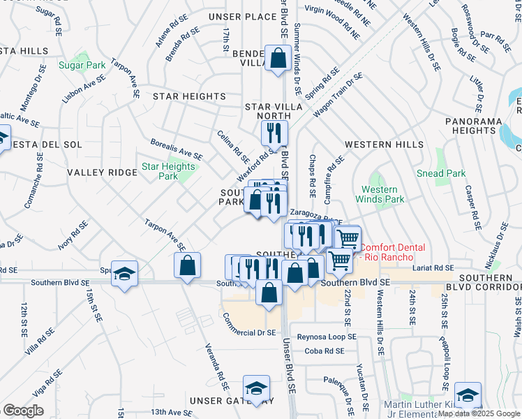 map of restaurants, bars, coffee shops, grocery stores, and more near 1908 Regency Park Road Southeast in Rio Rancho