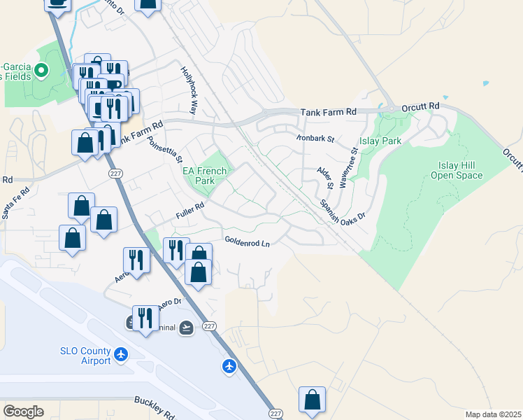 map of restaurants, bars, coffee shops, grocery stores, and more near 4495 Sunflower Way in San Luis Obispo