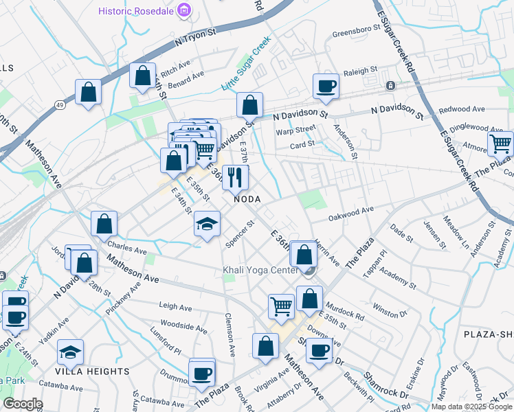 map of restaurants, bars, coffee shops, grocery stores, and more near in Charlotte