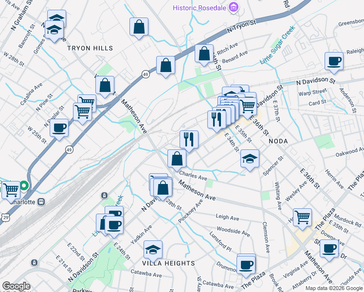 map of restaurants, bars, coffee shops, grocery stores, and more near 2723 North Brevard Street in Charlotte