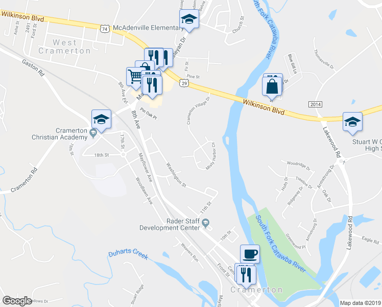 map of restaurants, bars, coffee shops, grocery stores, and more near 3048 Misty Harbor Circle in Cramerton