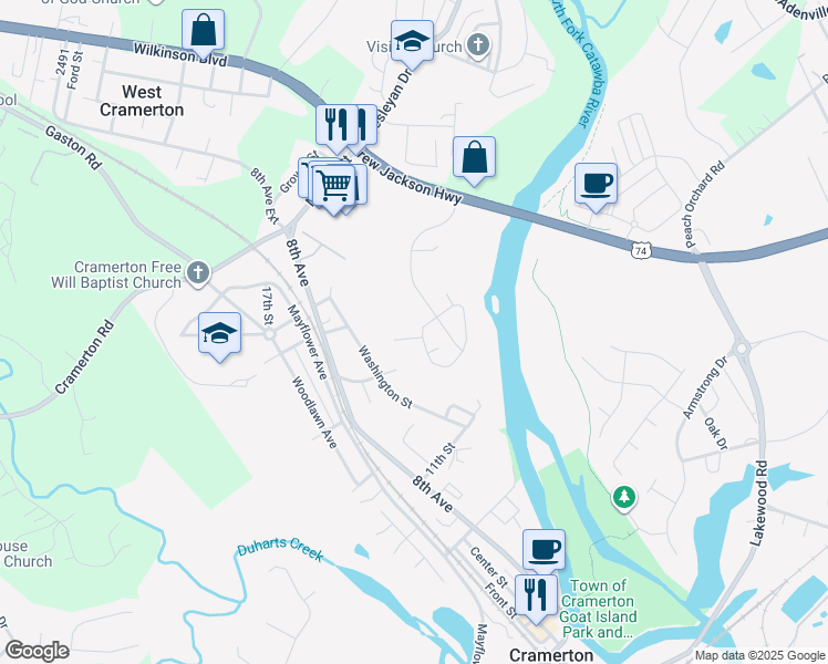 map of restaurants, bars, coffee shops, grocery stores, and more near 6004 Boathouse Lane in Cramerton