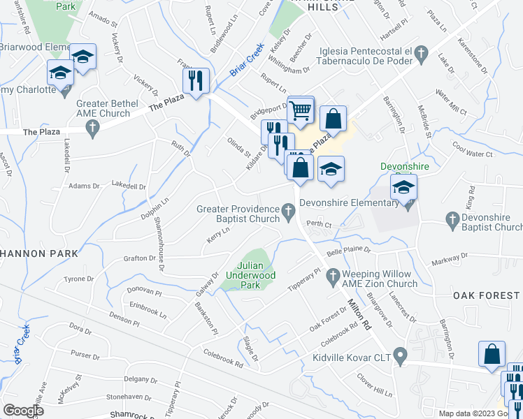 map of restaurants, bars, coffee shops, grocery stores, and more near 1906 Delaware Drive in Charlotte