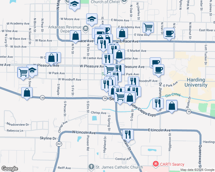map of restaurants, bars, coffee shops, grocery stores, and more near 201 West Woodruff Avenue in Searcy