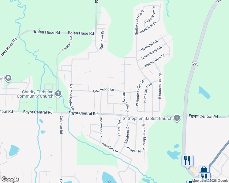 map of restaurants, bars, coffee shops, grocery stores, and more near 4695 Lindawood Lane in Memphis