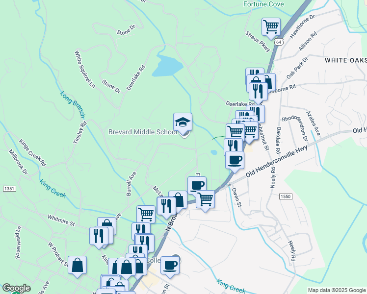 map of restaurants, bars, coffee shops, grocery stores, and more near 400 Fisher Road in Brevard