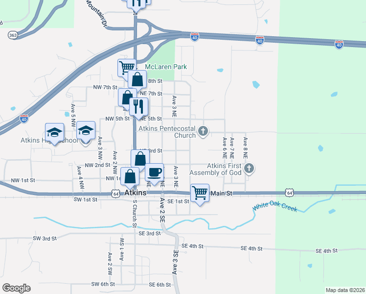 map of restaurants, bars, coffee shops, grocery stores, and more near 405 Northeast 3rd Street in Atkins