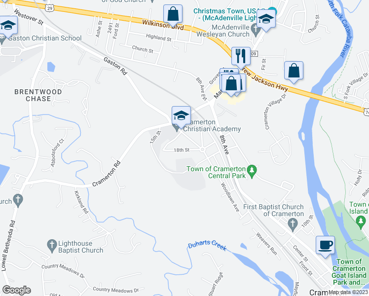 map of restaurants, bars, coffee shops, grocery stores, and more near 460 18th Street in Cramerton