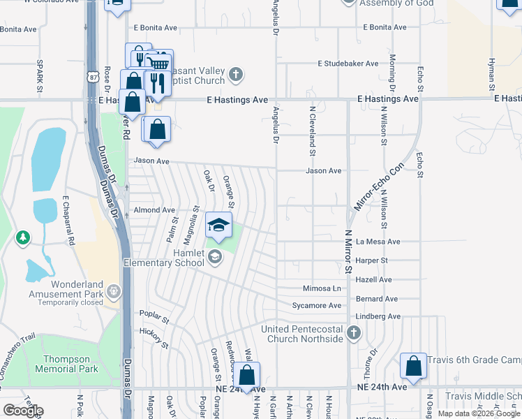 map of restaurants, bars, coffee shops, grocery stores, and more near 3133 Walnut Street in Amarillo
