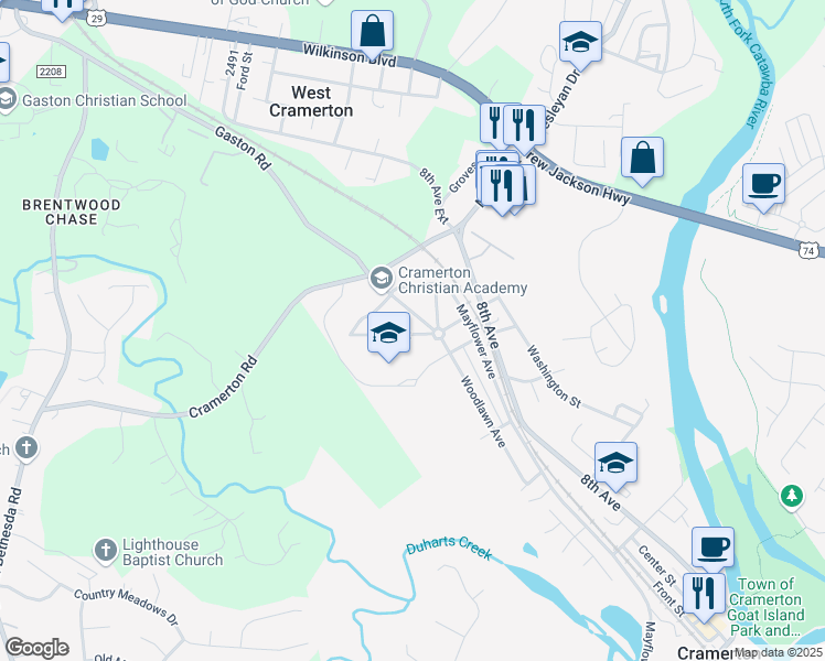 map of restaurants, bars, coffee shops, grocery stores, and more near 454 18th Street in Cramerton