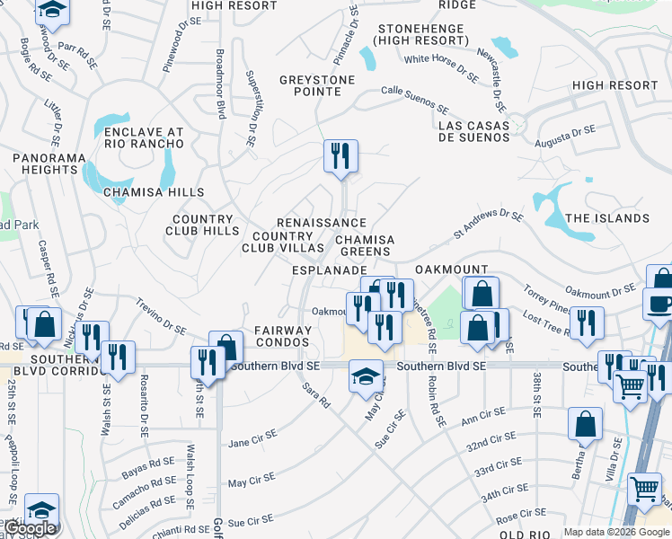 map of restaurants, bars, coffee shops, grocery stores, and more near 3317 Esplanade Circle Southeast in Rio Rancho