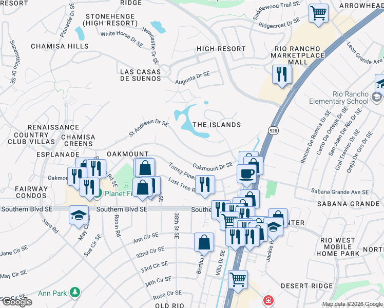 map of restaurants, bars, coffee shops, grocery stores, and more near 3810 Saint Andrews Drive Southeast in Rio Rancho