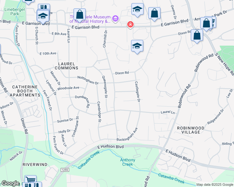 map of restaurants, bars, coffee shops, grocery stores, and more near 1202 Churchill Drive in Gastonia