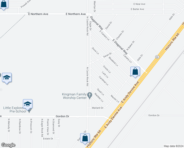map of restaurants, bars, coffee shops, grocery stores, and more near 3525 Martin Lane in Kingman