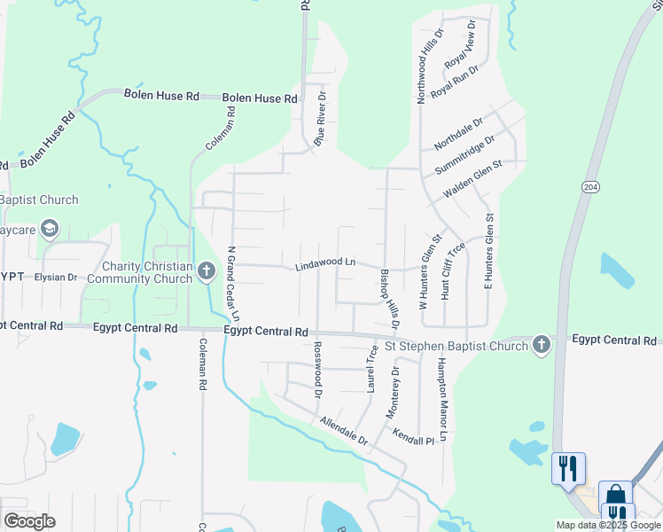 map of restaurants, bars, coffee shops, grocery stores, and more near 4657 Lindawood Lane in Memphis