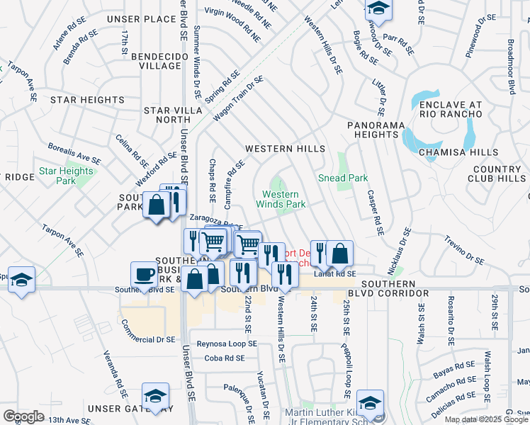 map of restaurants, bars, coffee shops, grocery stores, and more near 778 Western Hills Drive Northeast in Rio Rancho