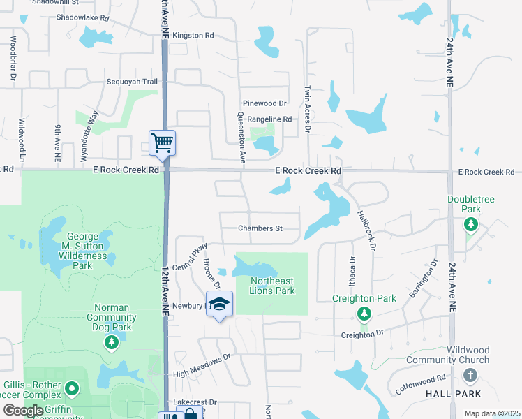 map of restaurants, bars, coffee shops, grocery stores, and more near 1509 Baycharter Street in Norman