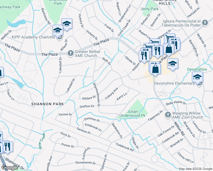 map of restaurants, bars, coffee shops, grocery stores, and more near 5337 Kildare Drive in Charlotte