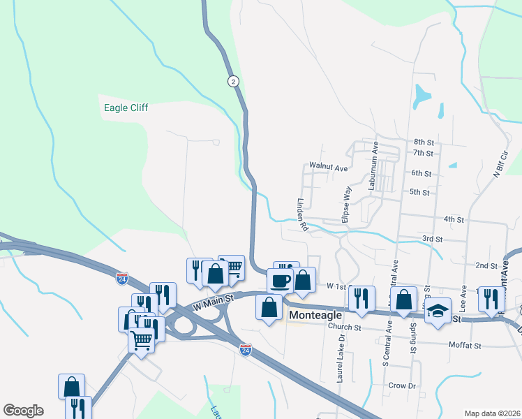 map of restaurants, bars, coffee shops, grocery stores, and more near 8135 U.S. 41 in Monteagle