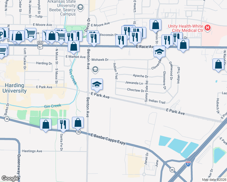 map of restaurants, bars, coffee shops, grocery stores, and more near 125 Choctaw Drive in Searcy