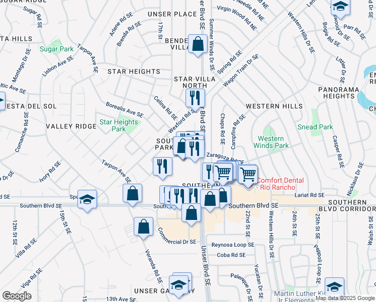 map of restaurants, bars, coffee shops, grocery stores, and more near 1908 Regency Park Road Southeast in Rio Rancho
