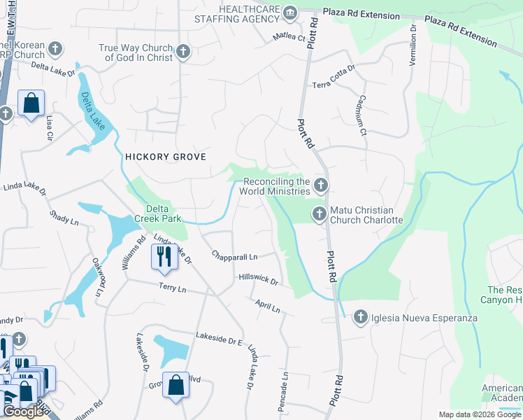 map of restaurants, bars, coffee shops, grocery stores, and more near 7229 Rothmore Street in Charlotte