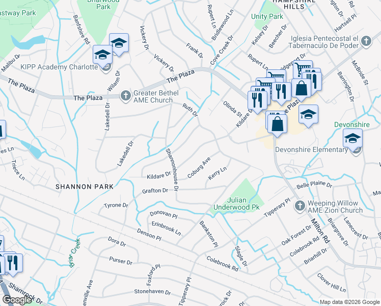 map of restaurants, bars, coffee shops, grocery stores, and more near 5337 Kildare Drive in Charlotte