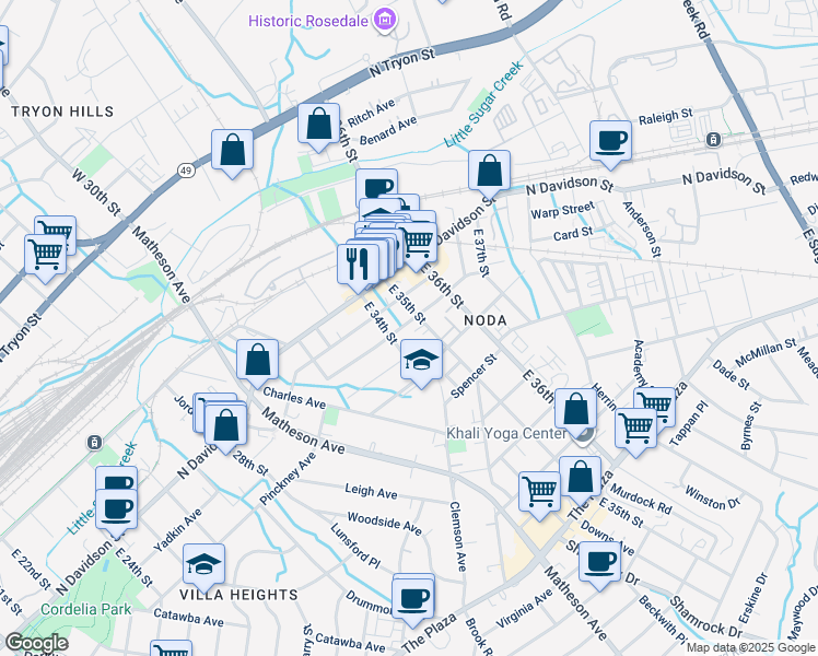 map of restaurants, bars, coffee shops, grocery stores, and more near 3105 North Alexander Street in Charlotte