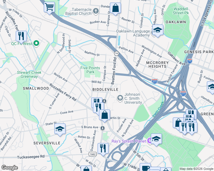 map of restaurants, bars, coffee shops, grocery stores, and more near 414 Mill Road in Charlotte