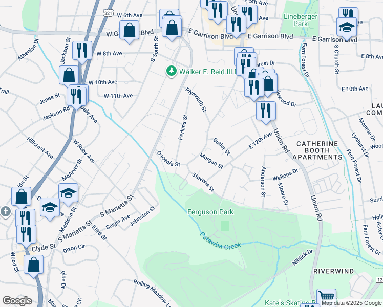 map of restaurants, bars, coffee shops, grocery stores, and more near 1252 Perkins Street in Gastonia
