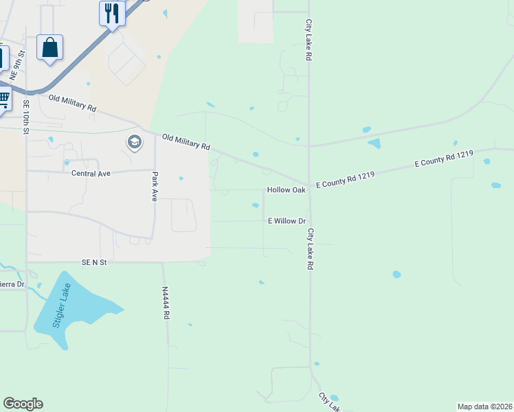 map of restaurants, bars, coffee shops, grocery stores, and more near 1106 Maple Lane in Stigler