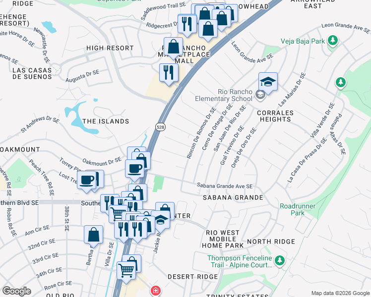 map of restaurants, bars, coffee shops, grocery stores, and more near 4116 Las Casas Court Southeast in Rio Rancho