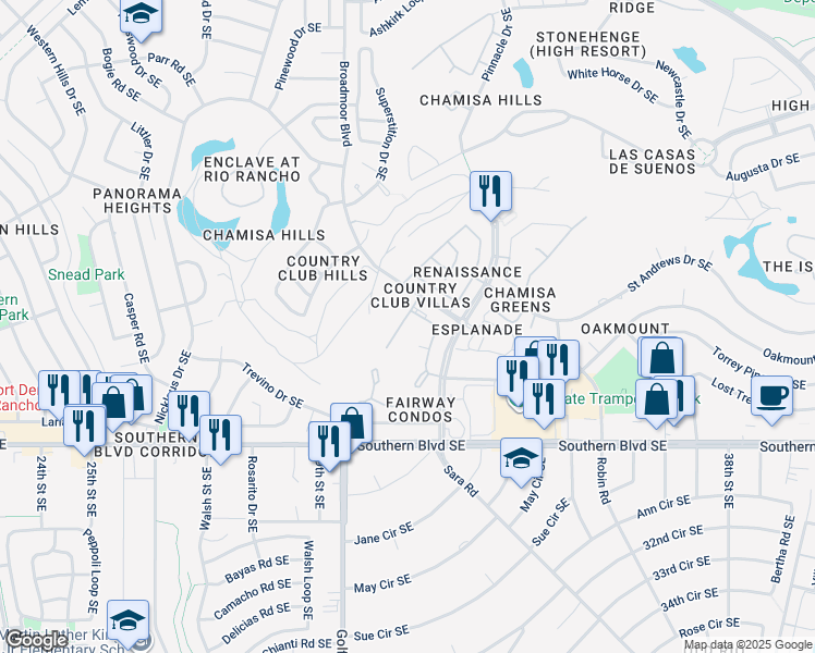 map of restaurants, bars, coffee shops, grocery stores, and more near 827 Country Club Drive Southeast in Rio Rancho