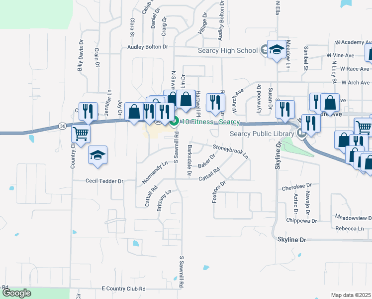 map of restaurants, bars, coffee shops, grocery stores, and more near 8 Barksdale Dr in Searcy