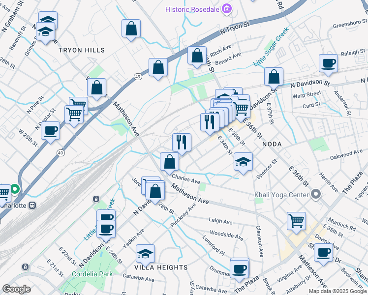 map of restaurants, bars, coffee shops, grocery stores, and more near 2909 North Davidson Street in Charlotte