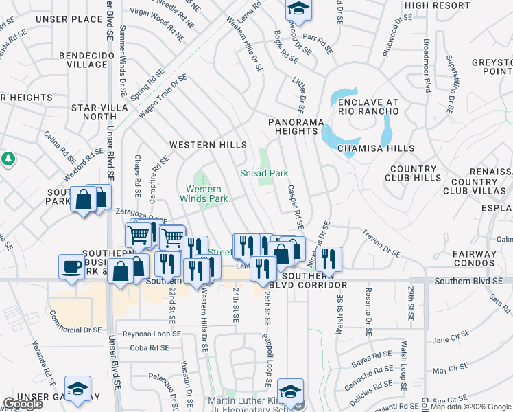 map of restaurants, bars, coffee shops, grocery stores, and more near 714 Stallion Road Southeast in Rio Rancho