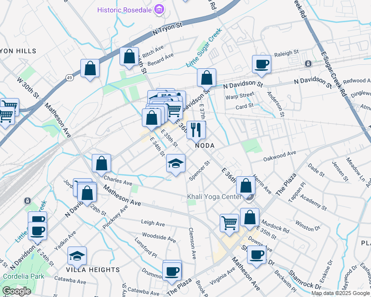 map of restaurants, bars, coffee shops, grocery stores, and more near 721 East 35th Street in Charlotte
