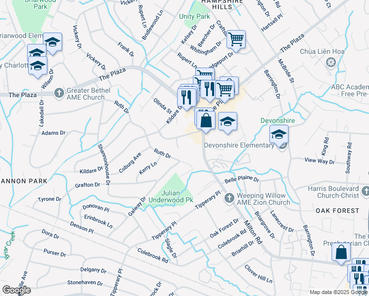 map of restaurants, bars, coffee shops, grocery stores, and more near 1909 Delaware Drive in Charlotte