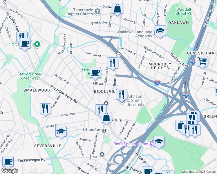 map of restaurants, bars, coffee shops, grocery stores, and more near 414 Mill Road in Charlotte