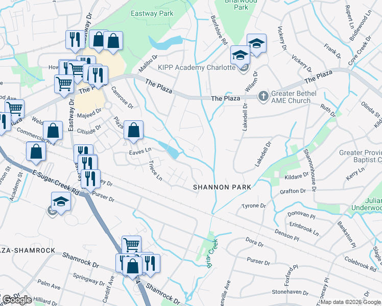 map of restaurants, bars, coffee shops, grocery stores, and more near 4826 Eaves Lane in Charlotte