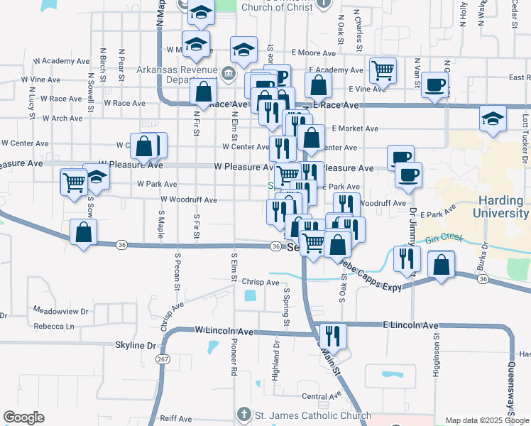 map of restaurants, bars, coffee shops, grocery stores, and more near 201 West Woodruff Avenue in Searcy