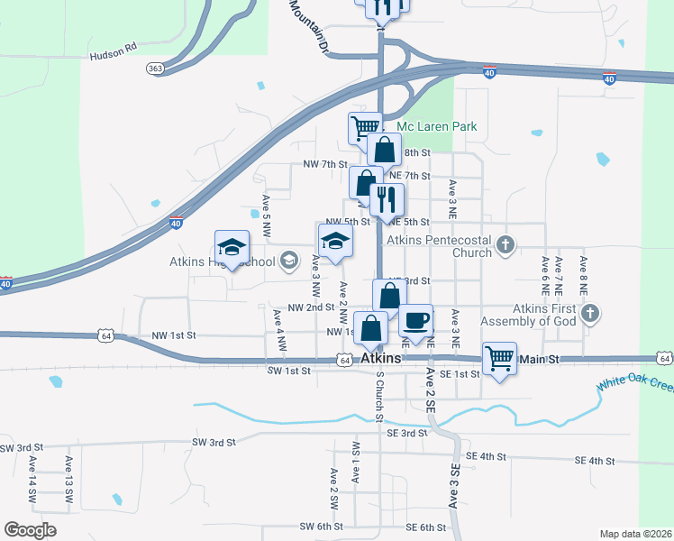 map of restaurants, bars, coffee shops, grocery stores, and more near 403 Avenue 3 Northwest in Atkins