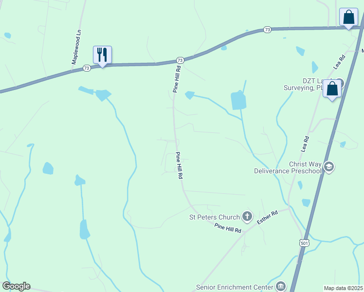 map of restaurants, bars, coffee shops, grocery stores, and more near 335 Pine Hill Road in Moore County