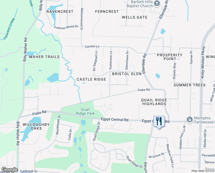 map of restaurants, bars, coffee shops, grocery stores, and more near 4393 Guinevere Lane in Bartlett