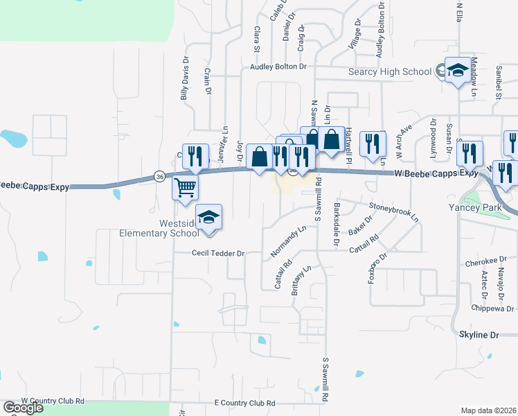 map of restaurants, bars, coffee shops, grocery stores, and more near 413 Chesapeake Drive in Searcy