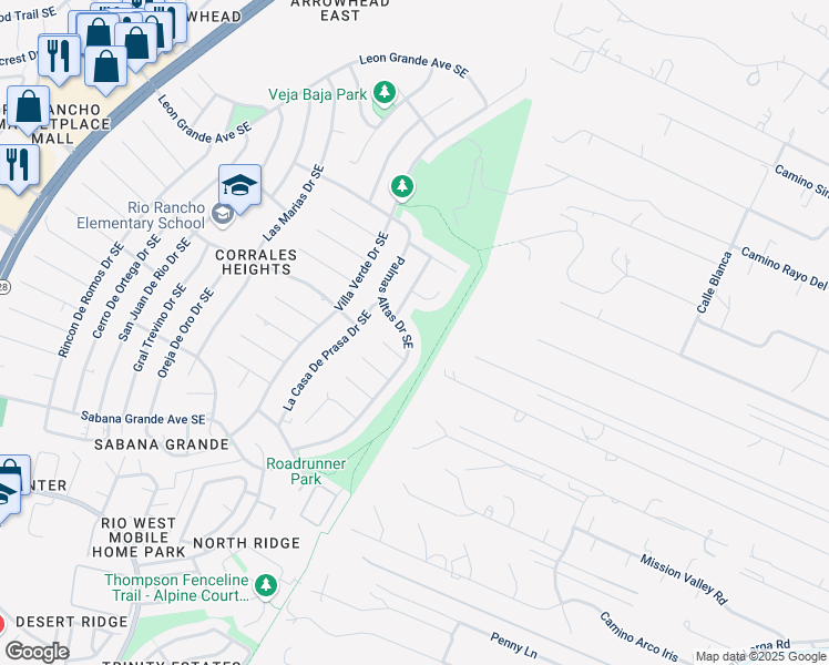 map of restaurants, bars, coffee shops, grocery stores, and more near 612 Palmas Altas Drive Southeast in Rio Rancho