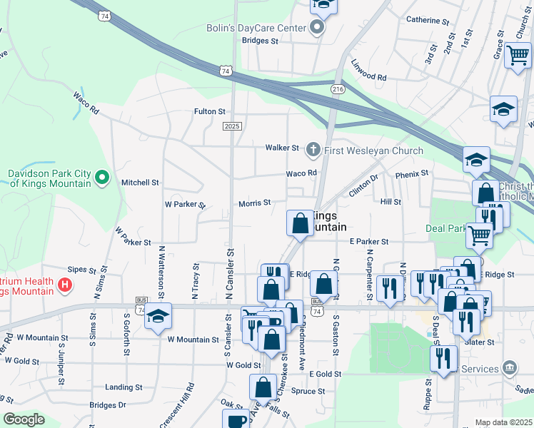 map of restaurants, bars, coffee shops, grocery stores, and more near 321 Waters Street in Kings Mountain