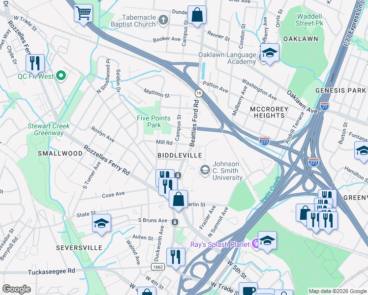 map of restaurants, bars, coffee shops, grocery stores, and more near 414 Mill Road in Charlotte